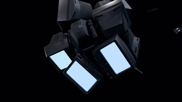 Vintage electronics floating in space: old TVs, VHS tapes, remote and batteries on Alpha channel
