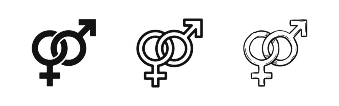 Male and female gender symbols interlocking icon set in solid, outline, and hand-drawn sketch styles.