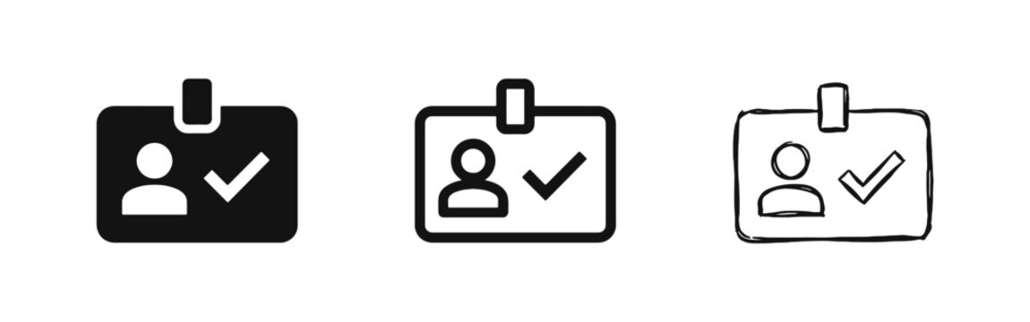 ID card verification icon set showing a badge with a checkmark in three different graphic styles.