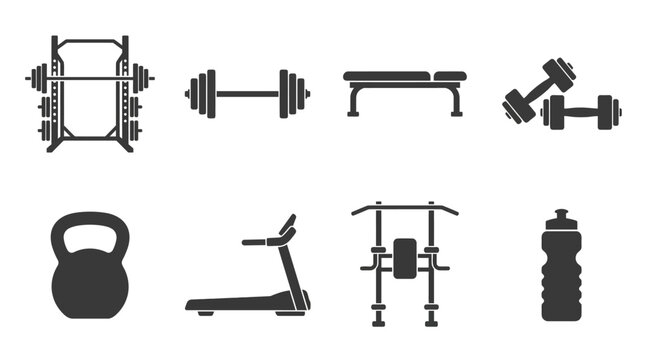 Various gym equipment silhouettes including weights, a treadmill, and a water bottle on a white background