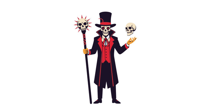 Skeleton magician or voodoo priest wearing a stylish top hat and red vest while holding a skull staff and a floating human skull in his hand.