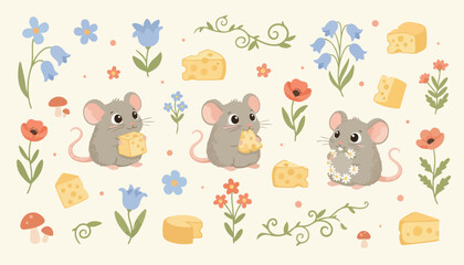 Fototapeta premium Cute Mouse, Cheese, Flowers Cartoon Illustration Vector