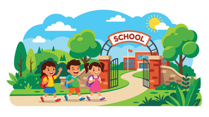 Obraz premium Flat style vector illustration of cheerful kids walking into a school gate with backpacks, bright morning atmosphere, back to school concept