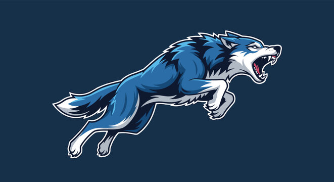 Aggressive blue and white wolf mascot leaping forward with an open mouth showing sharp teeth, designed for a sports team or gaming logo.