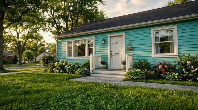Charming Teal Suburban House with Lush Green Lawn and Garden on a Sunny Day