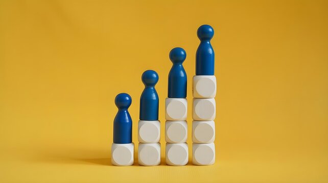 Four blue and white human figures on stacked blocks in ascending order on yellow background representing growth and hierarchy in business or social concept
