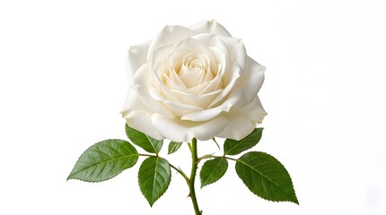 Naklejka premium elegant white rose bloom closeup with fresh green leaves on soft background