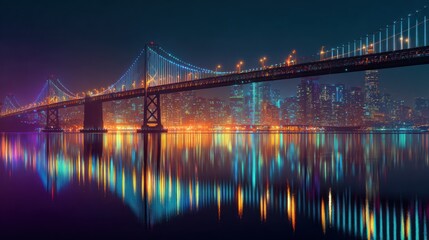 Naklejka premium Nighttime bridge with city lights reflecting in the water below a dark sky