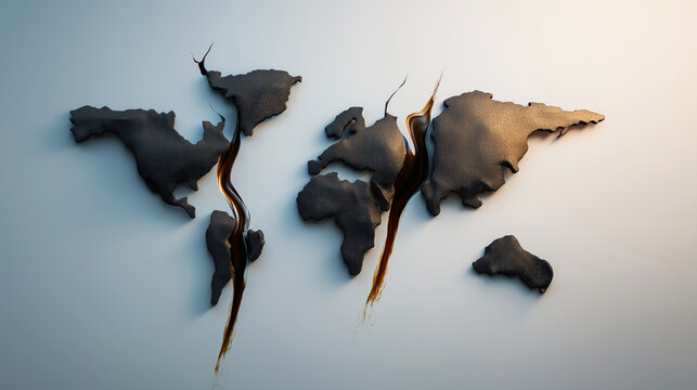 World map cracking into pieces with dark liquid flowing, symbolizing global crisis, conflict, environmental issues, and resource scarcity