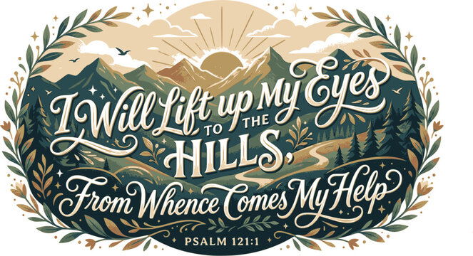 Hand Lettering with Bible Verse &ndash; &ldquo;I Will Lift Up My Eyes to the Hills, From Whence Comes My Help&rdquo; &ndash; Psalm 121:1, Inspirational Christian Scripture Vector Illustration 