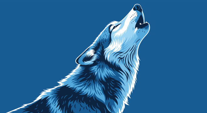 Artistic blue monochrome illustration of a majestic wolf howling at the moon against a solid dark blue background.