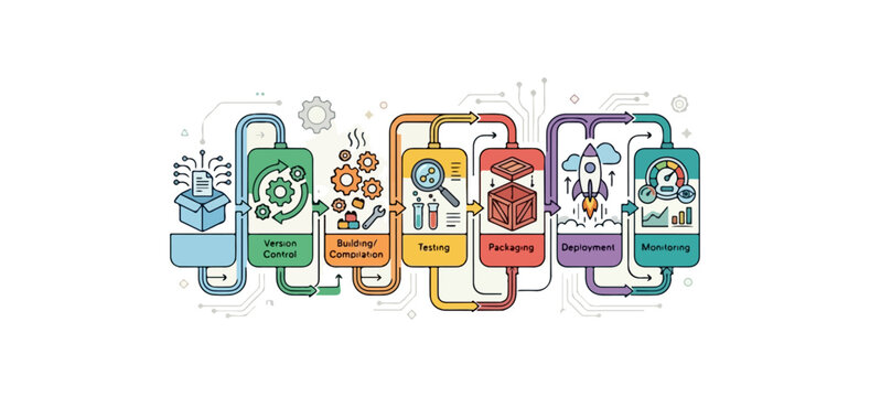 Modern, minimal, futuristic AI-driven development pipeline for 2026, showcasing automated DevOps for efficient continuous integration, delivery, and innovation