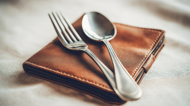 Metal cutlery resting on a brown leather wallet, illustrating hunger, poverty, and expenses related to basic needs