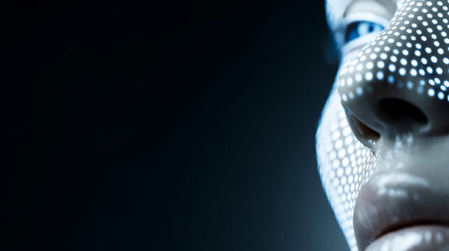 Digital rendering of a human face illuminated with cool blue light, showing a dotted grid pattern, representing AI and biometric scanning