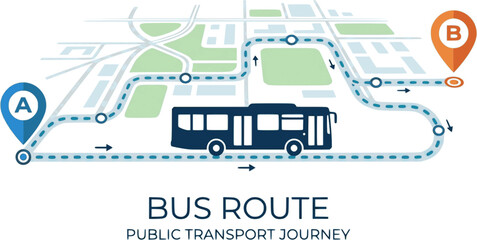 Naklejka premium Bus route with location pin. Public transport silhouette driving on dotted path. Journey and travel concept. Vector illustration isolated on white. 
