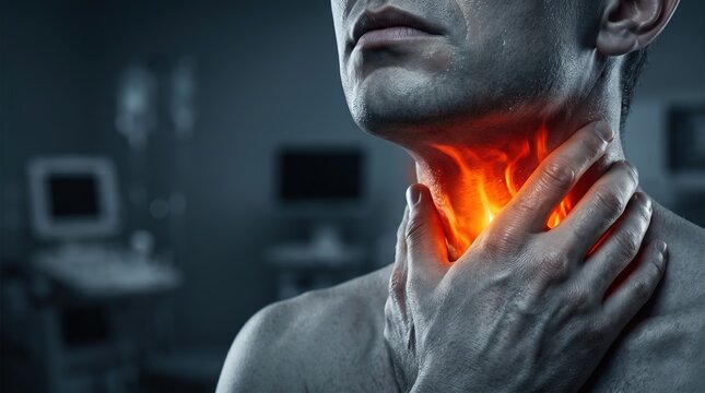 A macro neck with hands pressing throat and inner red glow showing strong pain and inflammation, sore throat concept