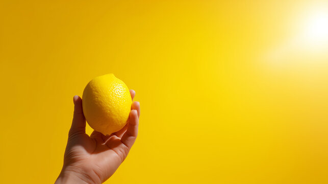 Hand grasping a ripe yellow lemon, the bright color popping against a complementary backdrop. Emphasizing the concept of freshness and nutritious dining