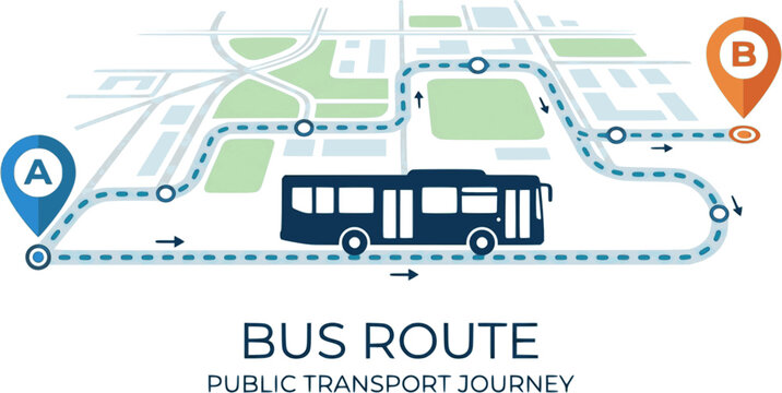 Bus route with location pin. Public transport silhouette driving on dotted path. Journey and travel concept. Vector illustration isolated on white.
