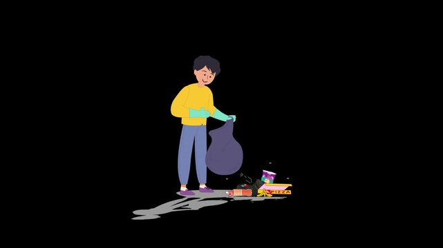 A trash picker animation video  having an alpha channel