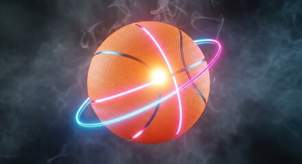 Fototapeta premium Basketball with Neon Rings and Smoke Effects in Dark Background