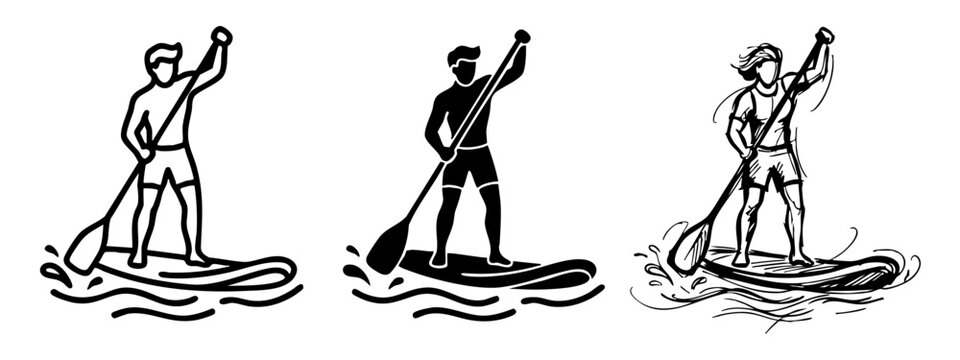 Set of Stand Up Paddle Boarding Icons, People Practicing SUP Activity, Black and White Vector Illustration