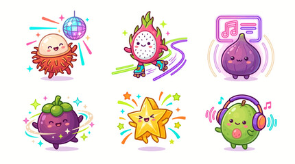 Fototapeta premium Neon Exotic Fruit Characters Sticker Pack Cute Party Vector