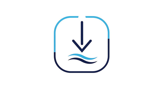 Digital download icon with a downward arrow and blue waves, symbolizing data transfer or decreasing water level. Modern graphic for interfaces