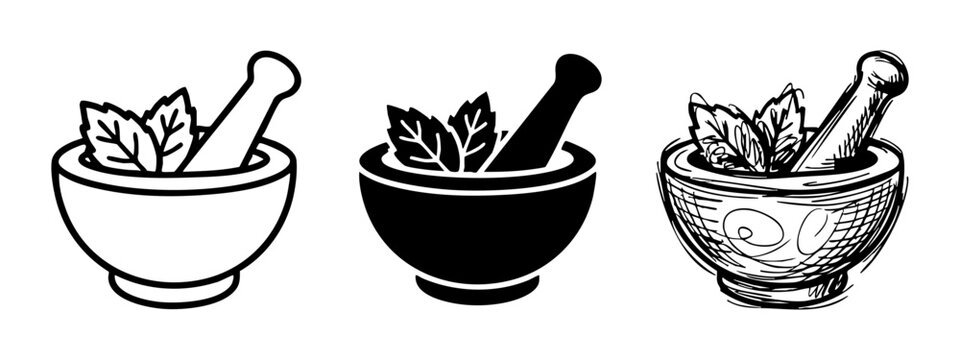 Set of Mortar and Pestle Icons for Apothecary, Herbal Medicine, and Cooking