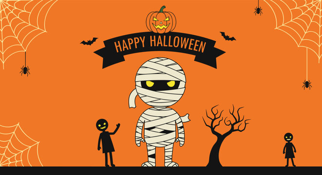 Spooky Halloween background featuring a large cartoon mummy, ghosts, bats, spiders, and jack-o-lantern on orange sky.