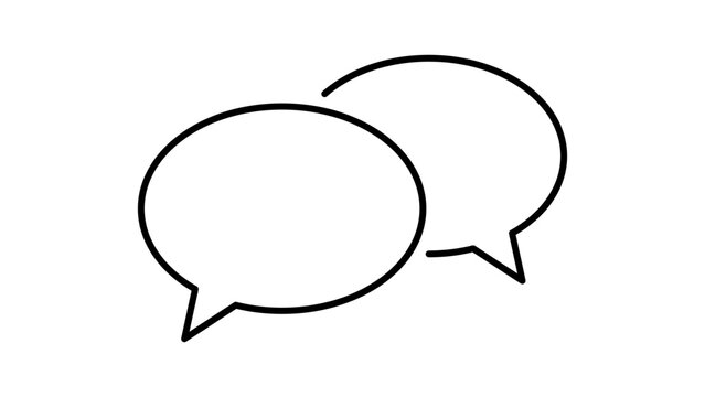 Modern black line vector icon representing two speech bubbles for collaboration, minimalist web illustration with editable stroke and customizable line weight on clean white background.