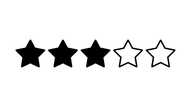 Minimalist black line vector icon of five outlined stars for customer rating and feedback, featuring an editable stroke for customizable line weight in a professional hand-drawn illustration style.