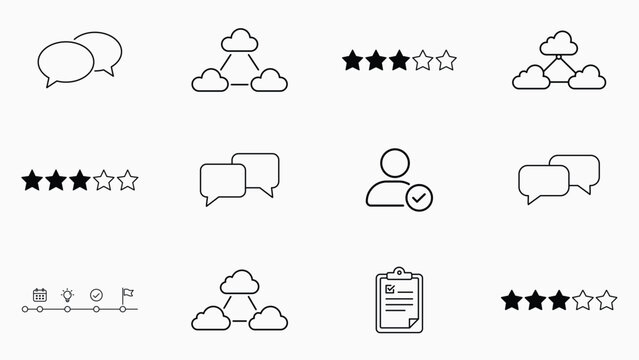 Minimalist 12 business and technology vector icon set with editable stroke. Bundle features multi-cloud network, project timeline, star ratings, clipboard, speech bubbles, and user profile line icons.