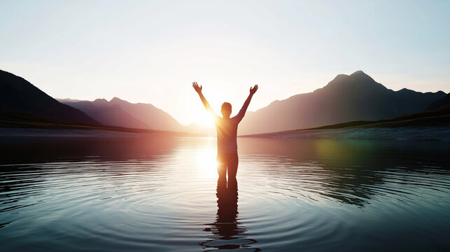 Person raising arms in spiritual triumph and freedom during a warm golden sunrise, standing in calm lake water with mountains