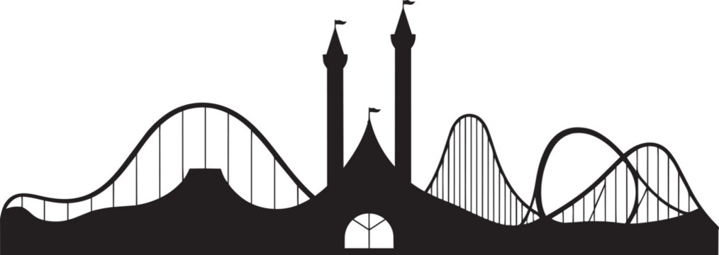 Amusement park silhouette with roller coasters and towers on white with castle with isolated