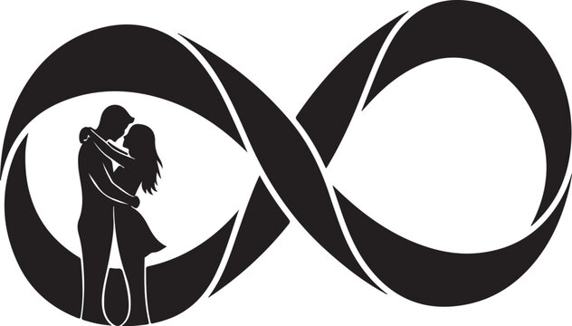 Eternal love infinity symbol, couple embracing, black silhouette, romantic gesture, love icons