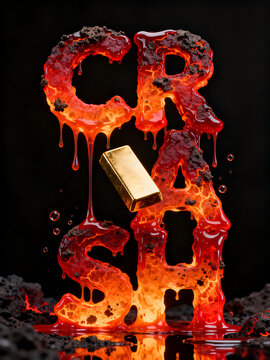 Conceptual illustration of burning lava text spelling crash with falling gold bar, symbolizing financial crisis, economic meltdown, and stock market volatility visualization.