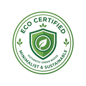 Circular eco certified badge with shield and leaf representing minimal sustainable design.
