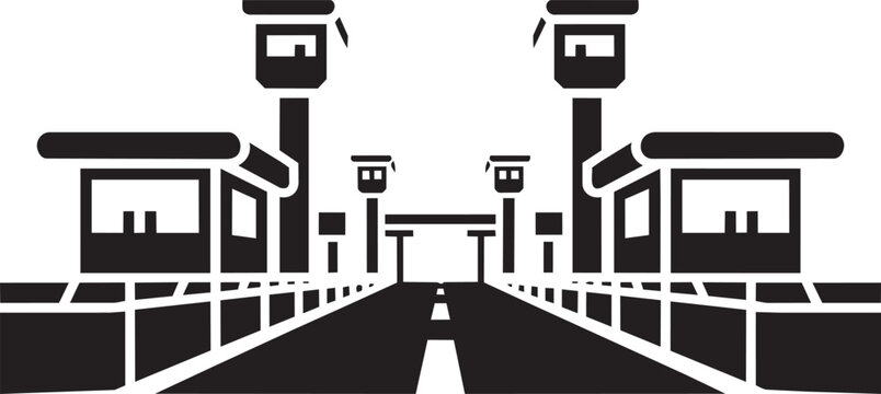 Border crossing checkpoint with watchtowers and buildings flat design in outline style with customs