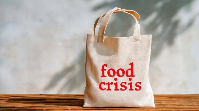 Reusable shopping bag with red food crisis text, representing global hunger, poverty, and economic hardship issues on wooden table