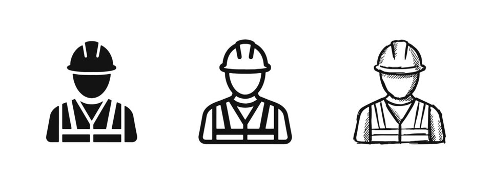 Construction Worker and Engineer Icon Set with Safety Helmet and Vest in Solid Outline and Hand Drawn Styles