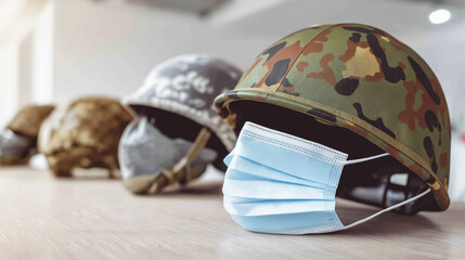 Naklejka premium Military helmet with medical mask symbolizing defense readiness and public health protection during global crisis