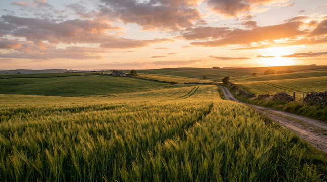 Golden wheat field at sunset