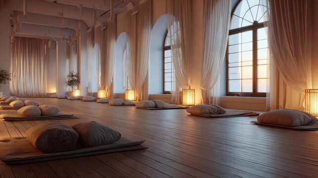 Tranquil yoga studio interior with soft lighting and comfortable setup