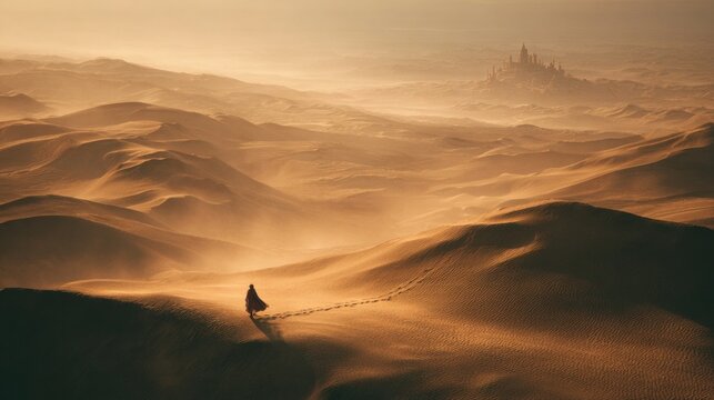Lone figure traversing sand dunes under a hazy golden sky