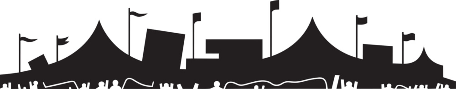 Music festival crowd silhouette with tents flags and skyline for event banner for people and circus