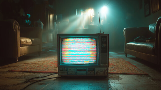 Old television screen showing colorful static interference in a dimly lit, atmospheric room, symbolizing communication loss