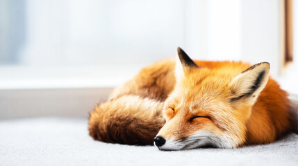 Fototapeta premium Red fox peacefully sleeping, curled on a soft indoor surface with eyes closed, embodying comfort and relaxation