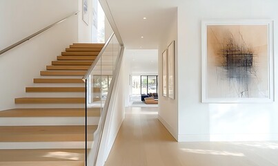 Fototapeta premium Modern contemporary hallway with wooden stairs and minimalist abstract art.