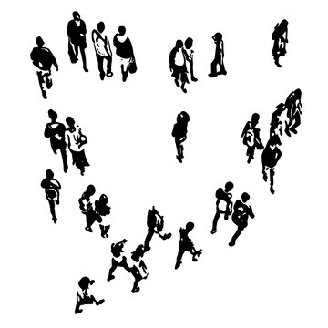 Aerial view: urban crowd silhouettes, chaotic street life