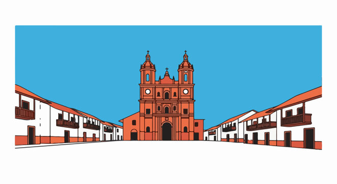 Colonial square with a prominent orange church and surrounding buildings